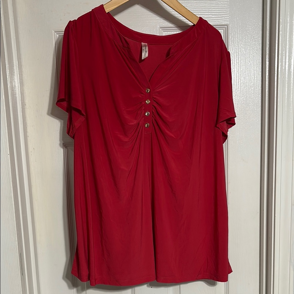White House Black Market Red Ruched Buttoned Blouse